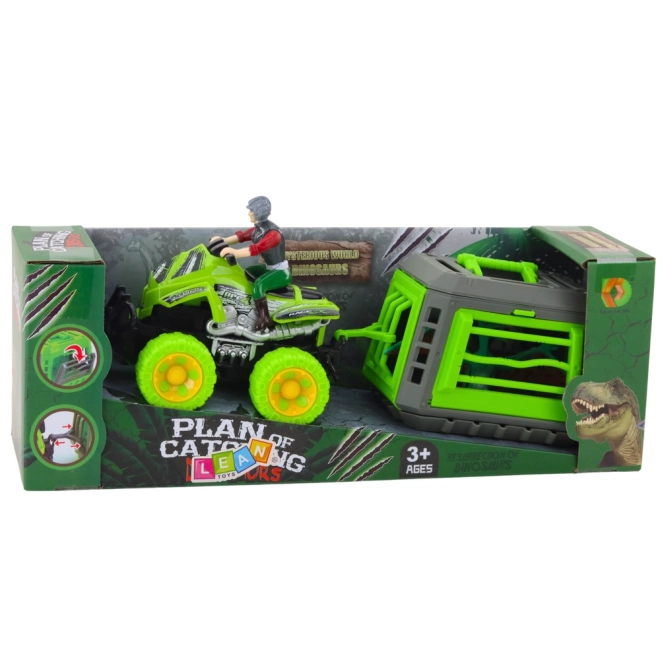 Quad s řidičem a klecí na dinosaura