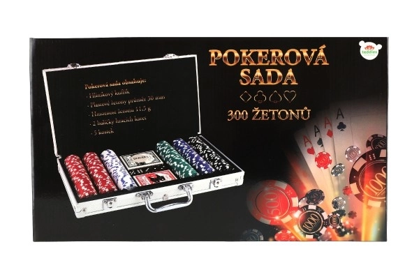 Poker sada 300ks + karty + kostky v hliníkovém kufříku v krabici 40x24x8cm