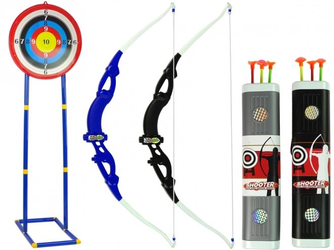 Střelecký set Luk Štít na stojanu 134 cm Toulec Pistole