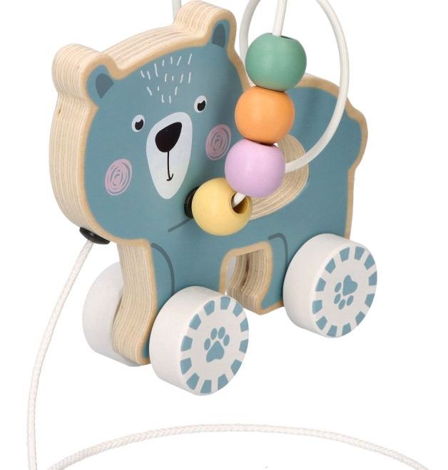 Dřevěná dětská tahací hračka + motorické kuličky - Medvídek
