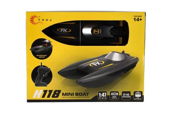 Motorový člun/loď do vody RC plast 22cm černý na baterie+dob. pack+USB 2,4Ghz v krabici 29x22x9cm