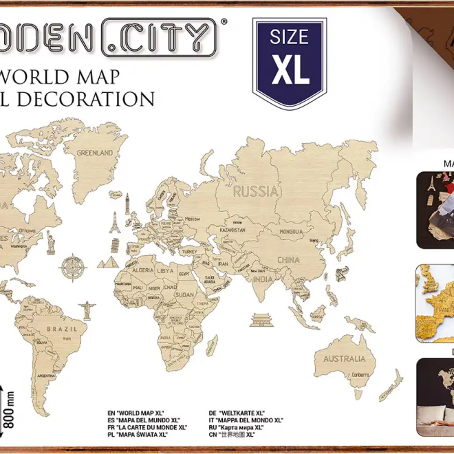 WOODEN CITY Dřevěná mapa světa velikost XL (120x80cm) hnědá
