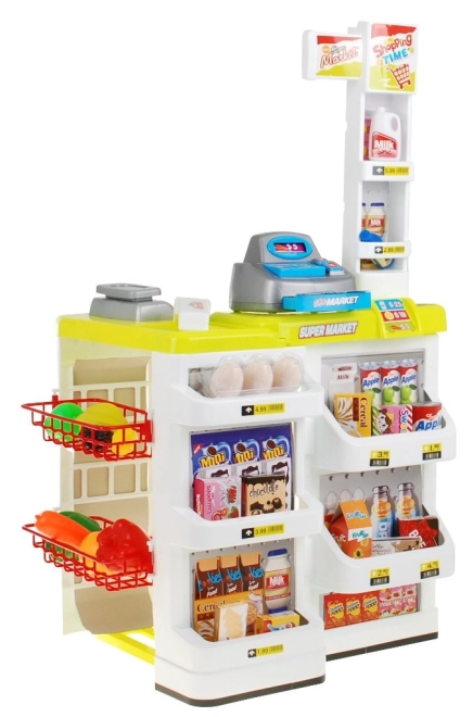 Dětský interaktivní supermarket s nákupním košíkem 24 dílů – Žlutý