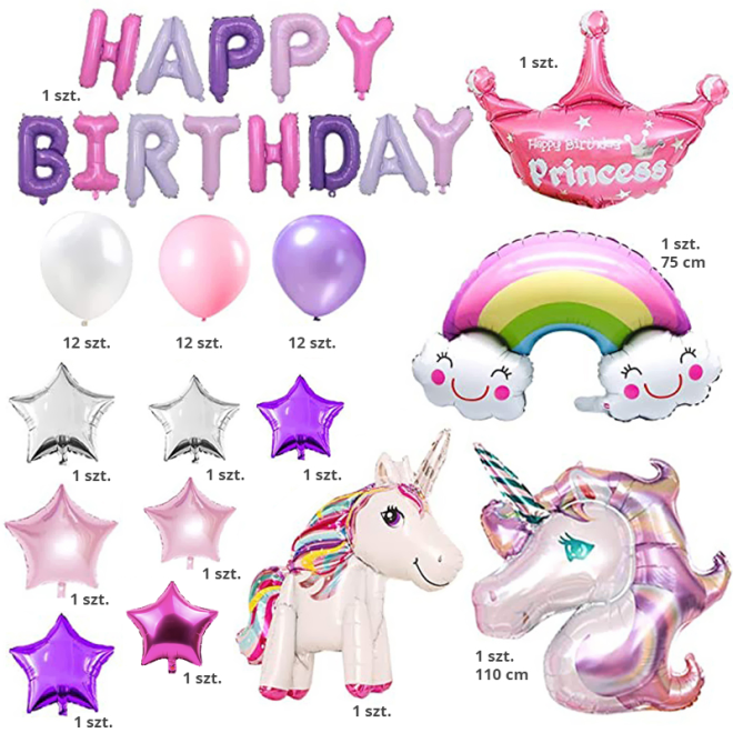 XXL narozeninová sada balónků pro dívku jednorožec a duha - 60 balónků