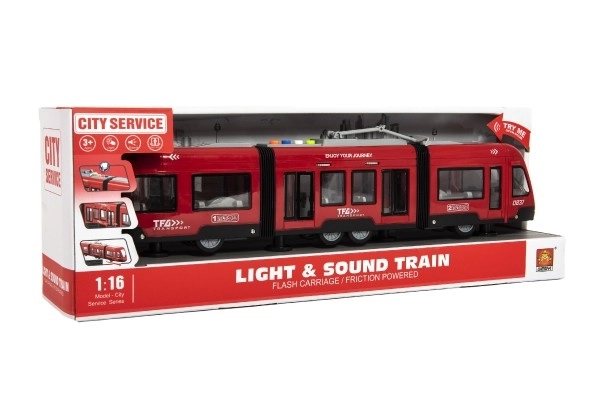 Tramvaj/Vlak plast 44cm na setrvačník na baterie se zvukem se světlem v krabici 48x17x11cm