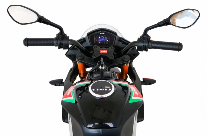 Aprilia Tuono V4 Dětský motocykl na baterie černý + panel MP3 + asistenční kolečka + pomalý start