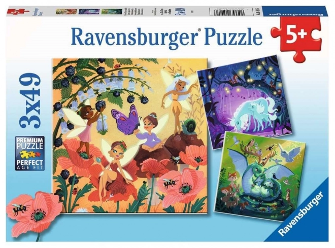 RAVENSBURGER Puzzle Víly, drak a jednorožec 3x49 dílků