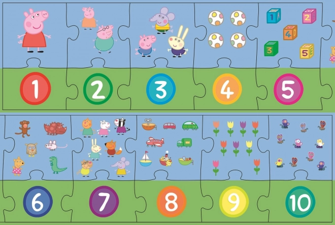 Puzzle vzdělávací Čísla Prasátko Peppa/Peppa Pig 20 dílků 117x19,5cm v krabici 33x23x6cm