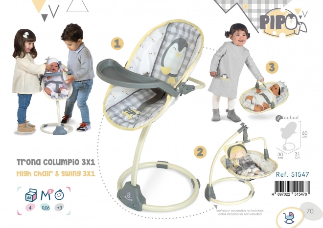 DeCuevas 51547 Multifunkční jídelní židlička a houpačka pro panenky 3 v 1 PIPO 2022
