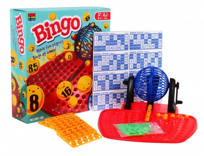 Dětská hra Bingo 4+ Číselná loterie + Losovací stroj s válcem + Kuličky s čísly + Karty Žetony