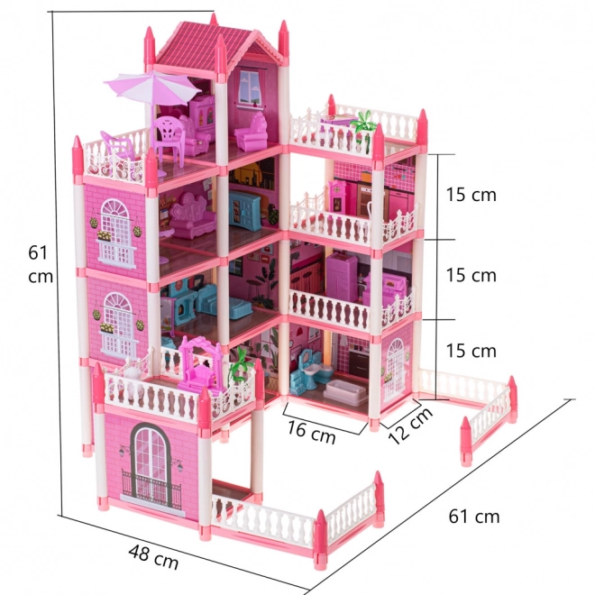 Růžový domeček pro panenky s nábytkem - 61 cm