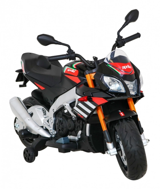 Aprilia Tuono V4 Dětský motocykl na baterie černý + panel MP3 + asistenční kolečka + pomalý start