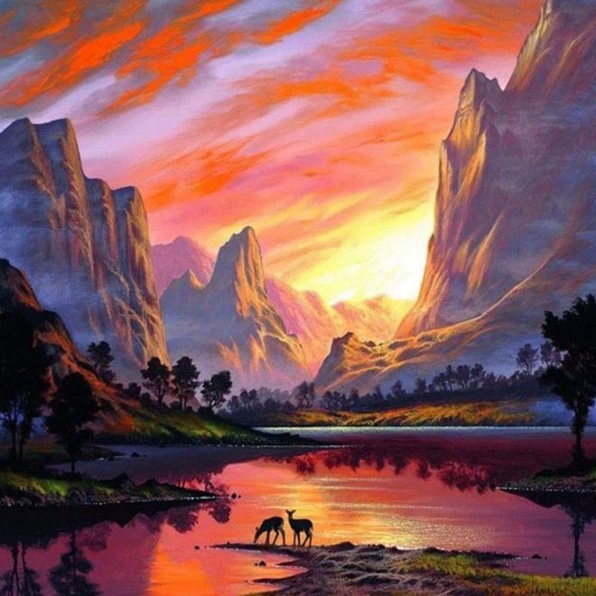 Sada na diamantové malování - horské údolí při západu slunce