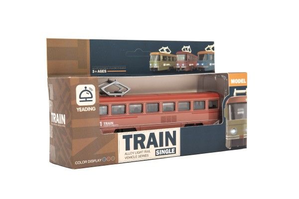 Vlak/tramvaj kov/plast 17cm na zpětný chod na bat. se zvukem se světlem v krabičce 22x13x6cm