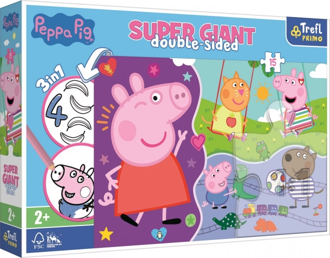 Puzzle 3v1 GIANT oboustranné 15 dílků Prasátko Peppa/Peppa Pig 60x40cm v krabici 40x27x6cm 24m+