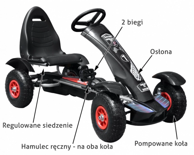 Závodní šlapací motokára XL pro děti 3+ černá + nafukovací kola + nastavitelné sedadlo + volnoběh