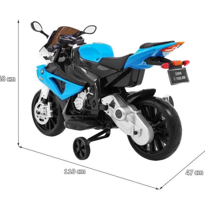 BMW S1000 RR Dětský motocykl na baterie modrý + asistenční kolečka + opěrka nohou