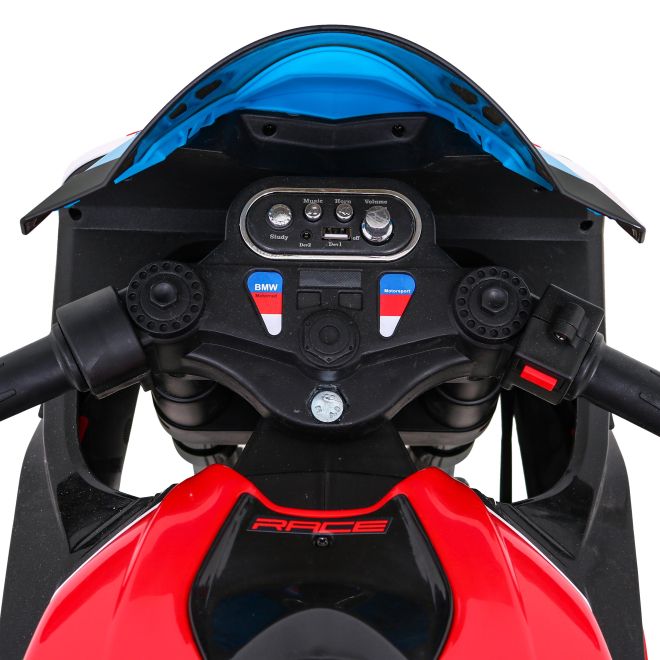 Dětská bateriová motorka BMW HP4 Červená + pomocná kola + pomalý start + EVA + MP3 LED