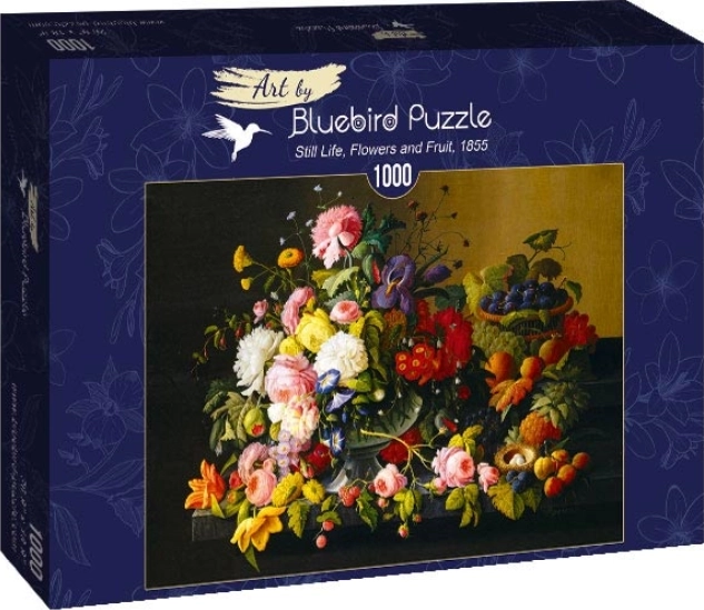 Puzzle modrého ptáka Zátiší s květinami a ovocem 1000 dílků