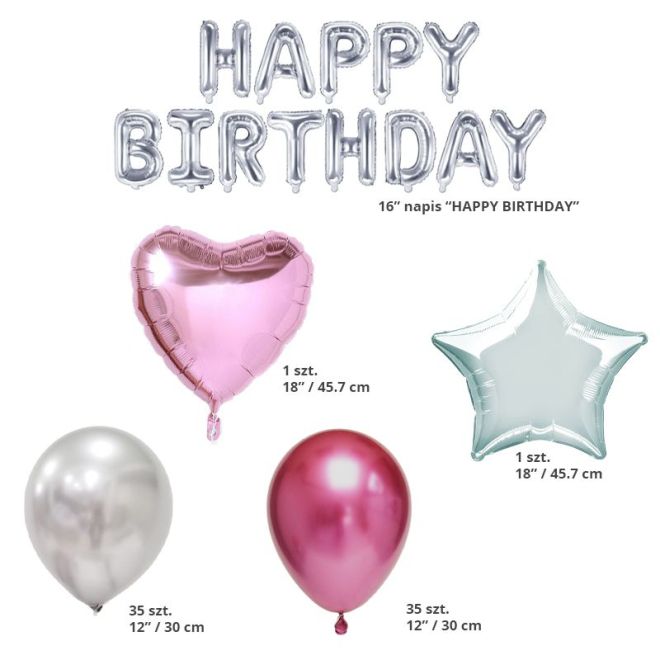 Stříbrná a růžová narozeninová sada balónků - 85 kusů