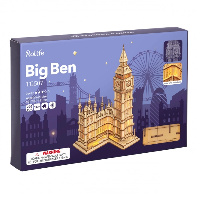 RoboTime dřevěné 3D puzzle hodinová věž Big Ben svítící