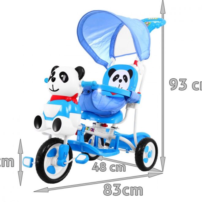 Dětské tříkolové kolo Panda Blue + zvuky + stříška + zábrana + opěrka nohou + rukojeť + ližiny + úložný prostor