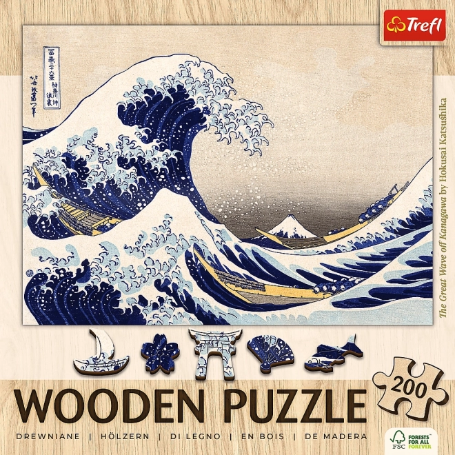 TREFL Dřevěné puzzle Art: Hokusai - Velká vlna Kanagawa 200 dílků