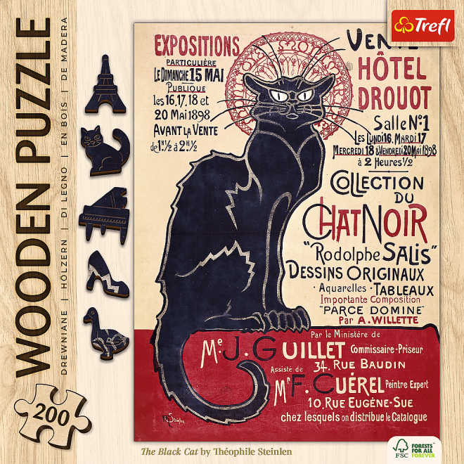 TREFL Dřevěné puzzle Art: Steinlen - Černá kočka, Le Chat Noir 200 dílků