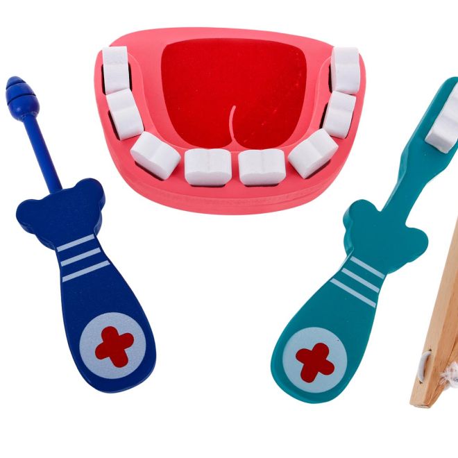 Dřevěná zubařská sada pro děti 3+ Příslušenství 32 el. Vzdělávací brožury + samolepky "Statečný pacient"