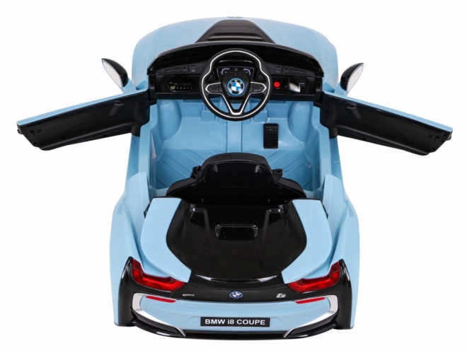 BMW I8 Lift Battery Car Blue + dálkové ovládání + pomalý start + 3bodové pásy + MP3 USB + LED dioda