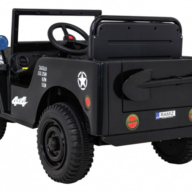 Retro vojenské auto pro děti černé + pohon 4x4 + dálkové ovládání + 2 nosiče zavazadel + pomalý start + MP3 LED