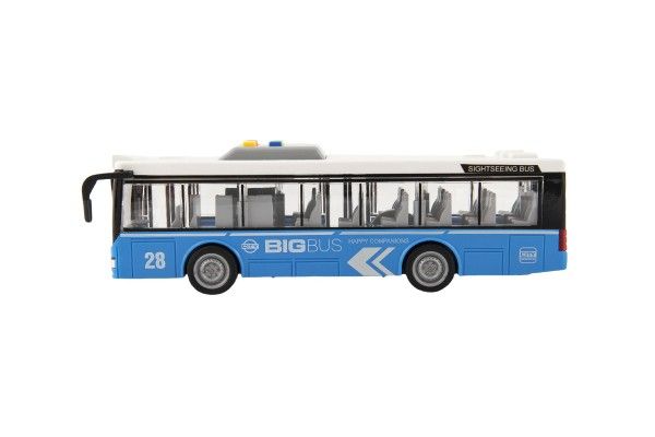 Autobus plast 28cm modrý na setrvačník na bat. se světlem se zvukem v krabici 32x17x11cm