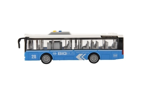 Autobus plast 28cm modrý na setrvačník na bat. se světlem se zvukem v krabici 32x17x11cm