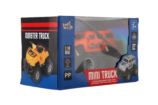 Auto RC mini truck plast 12cm 27MHz na baterie se světlem oranžové v krabici 18x11,5x10cm