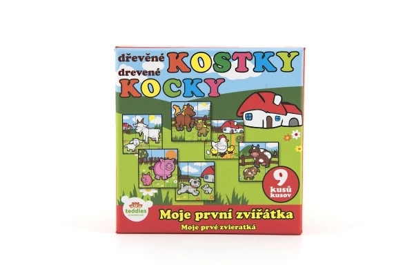 Kostky kubus Moje první zvířátka dřevo 9x9x3cm 9ks v krabičce 11x11x6cm 12m+ MPZ