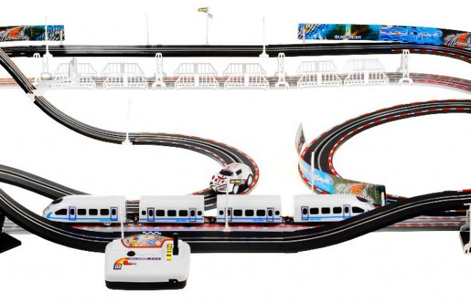 Elektrická železnice Racetrack 2v1 pro děti 6+ na dálkové ovládání + lokomotivy + vagóny + autíčka
