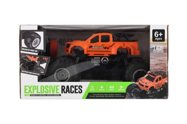 Auto RC pick up Off road terénní plast 23cm 2,4GHZ na baterie se světlem oranžový v krab. 30x15x19cm