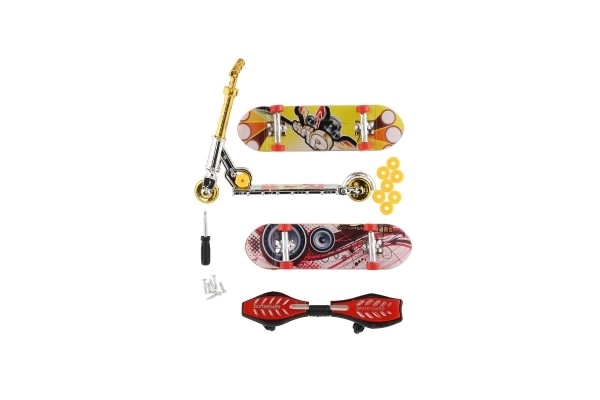 Sada skateboard šroubovací, koloběžka prstová, waveboard plast s doplňky mix druhů na kartě 16x30cm