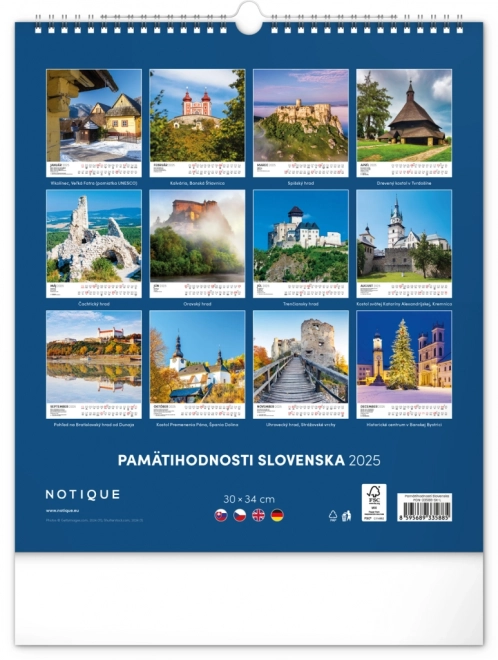 Nástenný kalendár Pamätihodnosti Slovenska 2025, 30 × 34 cm