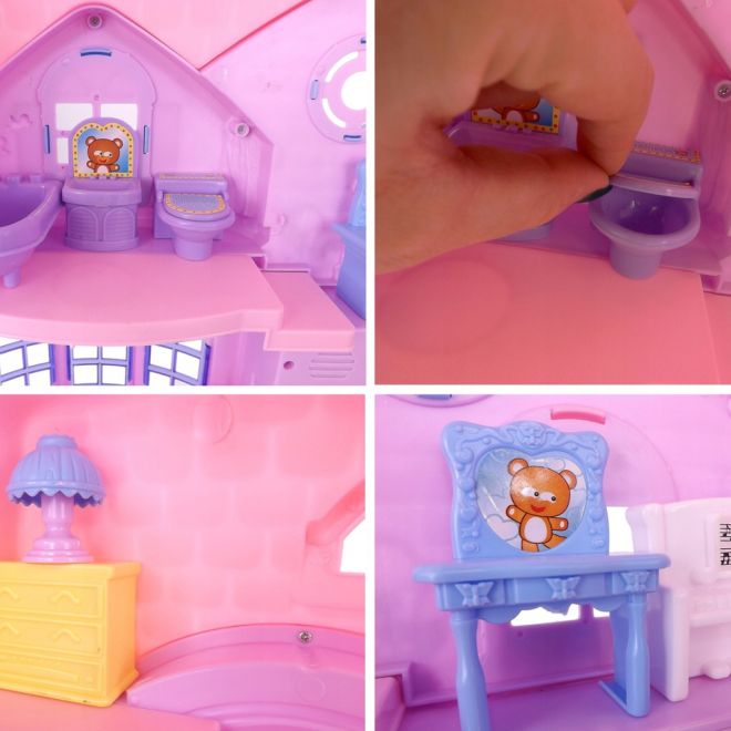 Plastový fialový domeček pro panenky s příslušenstvím a zvonkem