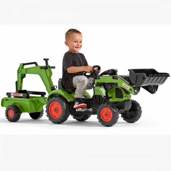 Šlapací traktor Claas Arion 410 s radlicí a zadní lžící a valníkem zelený
