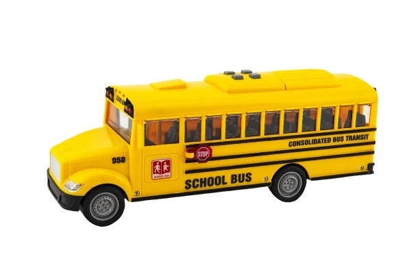Autobus školní plast 27cm na setrvačník na baterie se světlem se zvukem v krabici 32x19x12cm
