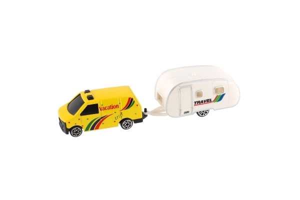 Auto s mini karavanem kov/plast 14cm na volný chod 3 druhy v krabičce 19x7x4,5cm