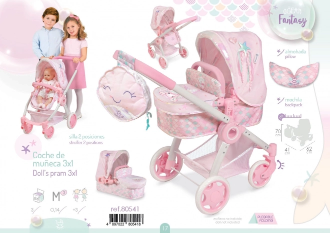 DeCuevas 80541 Skládací kočárek pro panenky 3 v 1 s batůžkem Ocean Fantasy 2021 - 70 cm