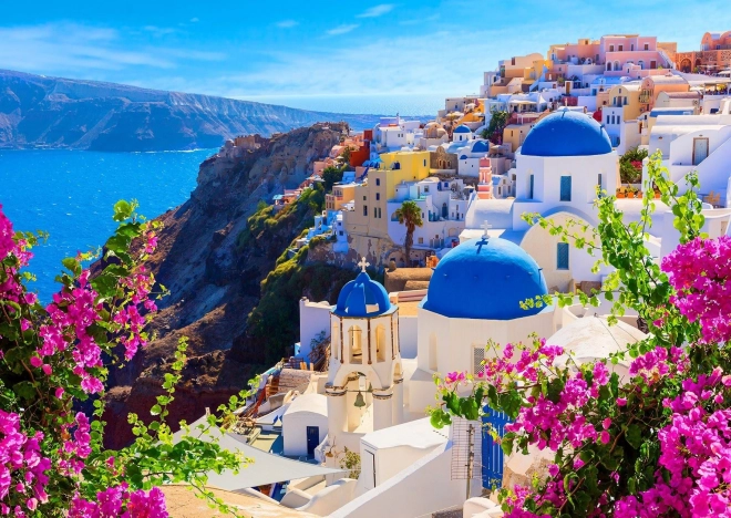 ENJOY Puzzle Santorini s květinami, Řecko 1000 dílků