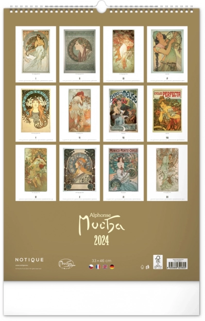 Nástěnný kalendář Alfons Mucha 2024, 33 × 46 cm