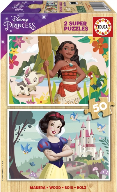 EDUCA Dřevěné puzzle Disney princezny: Vaiana a Sněhurka 2x50 dílků