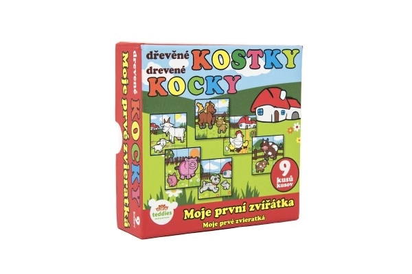 Kostky kubus Moje první zvířátka dřevo 9x9x3cm 9ks v krabičce 11x11x6cm 12m+ MPZ