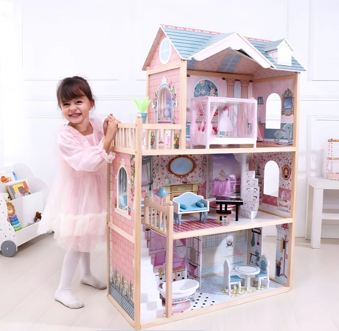 Velký dřevěný domeček pro panenky, 3 patra, 11 kusů nábytku, ECOTOYS
