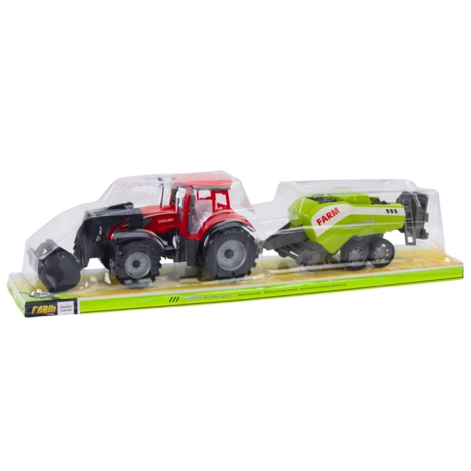 Červený traktor s nakladačem a balíkovačem
